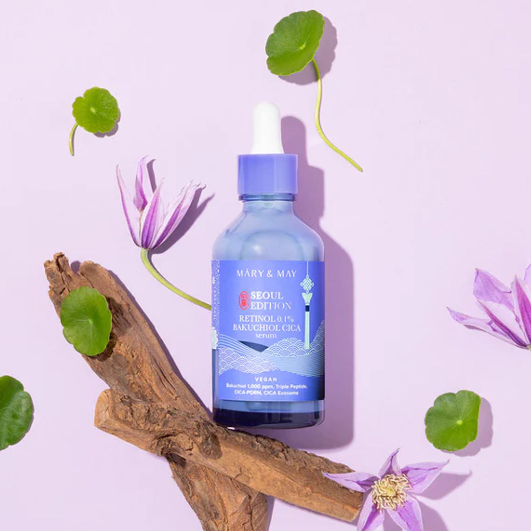 Discover MARY & MAY Retinol 0.1% Bakuchiol Cica Serum Seoul Edition at Eliko Glow. A gentle anti-aging serum with Retinol, Bakuchiol, and Centella to smooth fine lines, refine texture, and strengthen the skin barrier. Perfect for aging and combination skin. Free shipping across Canada.