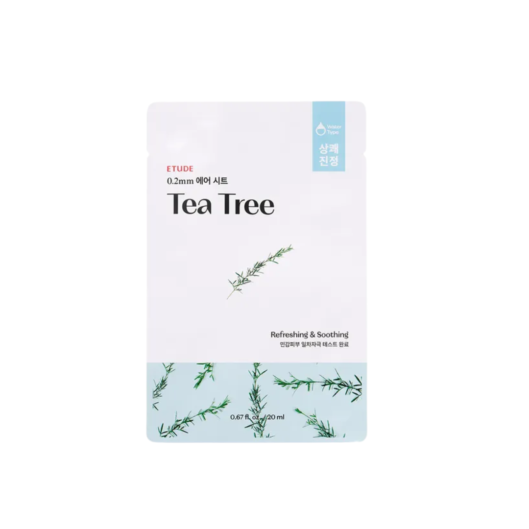 ETUDE 0.2mm Therapy Air Tea Tree Mask is perfect for calming and clarifying acne-prone skin. Infused with Tea Tree Leaf Extract, it helps reduce blemishes and inflammation. Licorice Root and Green Tea soothe and provide antioxidants, while Hyaluronic Acid and Ceramide NP moisturize and strengthen the skin barrier. Essential oils like Lavender and Eucalyptus add soothing and antimicrobial benefits. Ideal for a gentle, purifying treatment.
