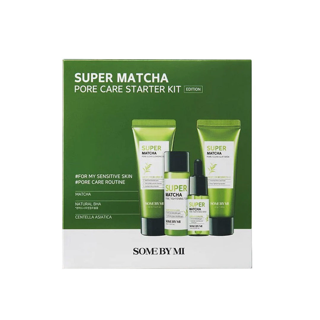 SOME BY MI Super Matcha Pore Care Starter Kit is a 4-step set designed to deeply cleanse, tighten, and refine pores. Infused with highly concentrated Matcha Water, it removes excess oil, clears impurities, balances hydration, and soothes the skin. This kit includes a cleanser, toner, serum, and cream — the perfect routine for achieving smooth, refreshed, and poreless-looking skin.