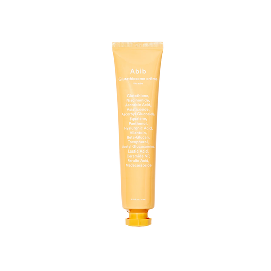 ABIB Glutathiosome Cream Vita Tube is a brightening face cream formulated with 5% Glutathiosome to help prevent melanin production and improve uneven skin tone. Powered by Niacinamide and PlusSome® Vitamin C, it helps care for dark spots while Panthenol and Hyaluronic Acid support smoother texture, hydration, and elasticity. The silky gel-cream texture absorbs comfortably without heaviness.