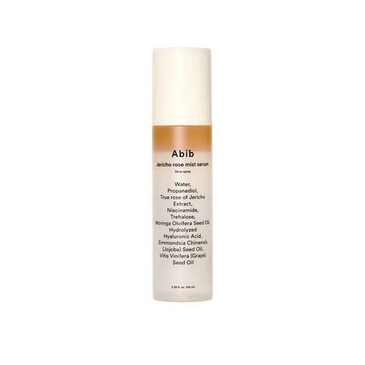 ABIB Jericho Rose Mist Serum Glow Spray is a lightweight mist that hydrates and refreshes the skin while enhancing natural radiance. Infused with Jericho Rose Extract, Niacinamide, and Hyaluronic Acid, it helps improve skin tone and maintain moisture for a smoother, glowing complexion. With added Bakuchiol, it helps support skin elasticity and refine texture, while nourishing oils, Ceramide NP, and Peptides help strengthen the skin barrier, leaving skin soft, dewy, and revitalized throughout the day.