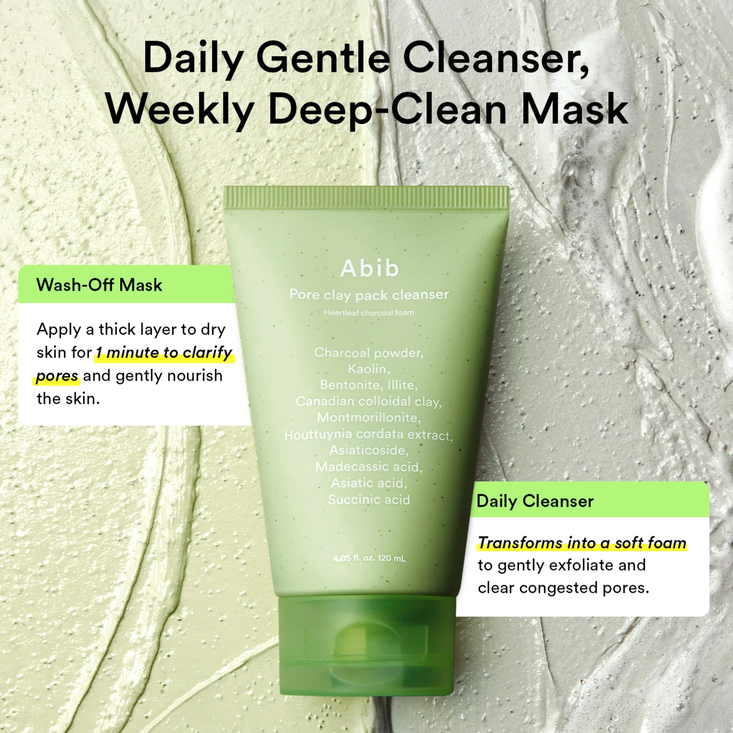 ABIB Pore Clay Pack Cleanser Heartleaf Charcoal Foam 120ml