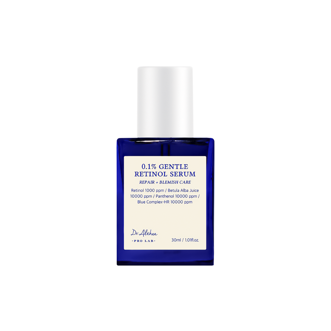 DR. ALTHEA 0.1% Gentle Retinol Serum is a beginner-friendly retinol serum formulated with 0.1% Retinol and Bakuchiol to smooth fine lines, improve elasticity, and refine skin texture. Infused with Panthenol, Allantoin, and soothing botanical extracts like Chamomile and Lavender, it calms and hydrates while supporting skin renewal. Lightweight and gentle, it helps promote a firmer, brighter, and healthier-looking complexion.