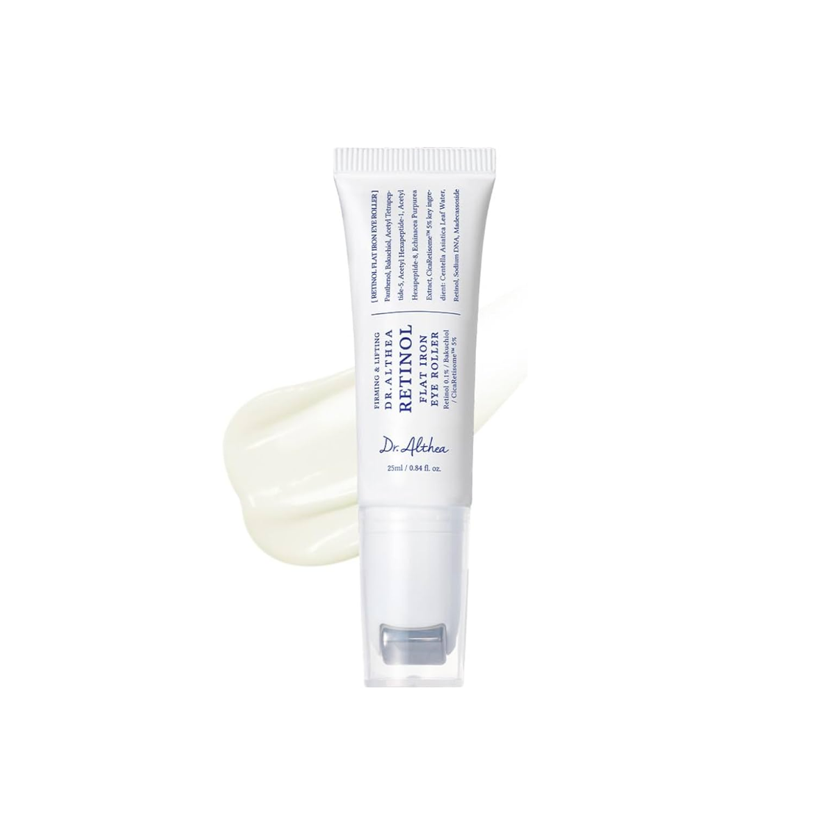 DR. ALTHEA Retinol Flat Iron Eye Roller is a Korean eye serum with a cooling roller-tip applicator designed to help smooth, firm, and refresh the delicate eye area. Formulated with Retinol, Bakuchiol, Hyaluronic Acid, Madecassoside, Centella Asiatica Leaf Water, Ceramide NP, and Peptides, it helps improve the look of fine lines and wrinkles while keeping the skin hydrated, soothed, and comfortable. Suitable for fine lines, wrinkles, dryness, puffiness, and loss of firmness around the eyes.