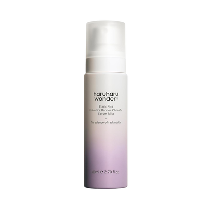 HARUHARU WONDER Black Rice Probiotics Barrier 2% NAD+ Serum Mist is a lightweight, creamy mist designed to hydrate, soothe, and strengthen the skin barrier throughout the day. Formulated with NAD+ and a 5 Ceramide Complex, it helps replenish moisture while supporting skin elasticity and a healthier-looking complexion. Galactomyces Ferment Filtrate and Bifida Ferment Filtrate work to calm sensitive skin and refine uneven texture, while Panthenol, Squalane, and Rice Lees Extract boost hydration and comfort. T
