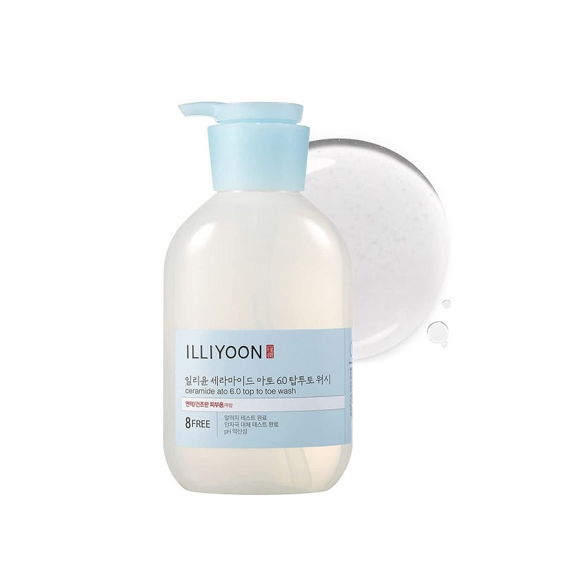 ILLIYOON Ceramide Ato 6.0 Top to Toe Wash is a gentle, low-irritant cleanser that can be used for both face and body. Enriched with Ceramide NP and Ceramide PC-104, it helps strengthen the skin barrier while keeping skin soft and hydrated. Infused with Ginseng Root Water, Perilla Seed Extract, and Natto Gum, it soothes dryness and replenishes moisture. The mild formula lathers into a soft foam to cleanse without stripping, making it suitable for all skin types, including sensitive skin and children.