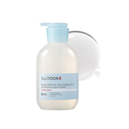 ILLIYOON Ceramide Ato 6.0 Top to Toe Wash is a gentle, low-irritant cleanser that can be used for both face and body. Enriched with Ceramide NP and Ceramide PC-104, it helps strengthen the skin barrier while keeping skin soft and hydrated. Infused with Ginseng Root Water, Perilla Seed Extract, and Natto Gum, it soothes dryness and replenishes moisture. The mild formula lathers into a soft foam to cleanse without stripping, making it suitable for all skin types, including sensitive skin and children.