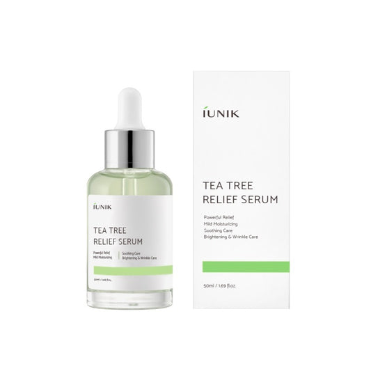 IUNIK Tea Tree Relief Serum is a calming and balancing serum designed to soothe irritated and acne-prone skin. Formulated with Tea Tree Leaf Water and Centella Asiatica Leaf Water, it helps reduce redness and support clearer-looking skin. Niacinamide brightens and improves overall tone, while Beta-Glucan and Hyaluronic Acid provide lightweight hydration without clogging pores. Enriched with botanical extracts and soothing ingredients like Allantoin and Licorice Root, this serum absorbs quickly to leave skin
