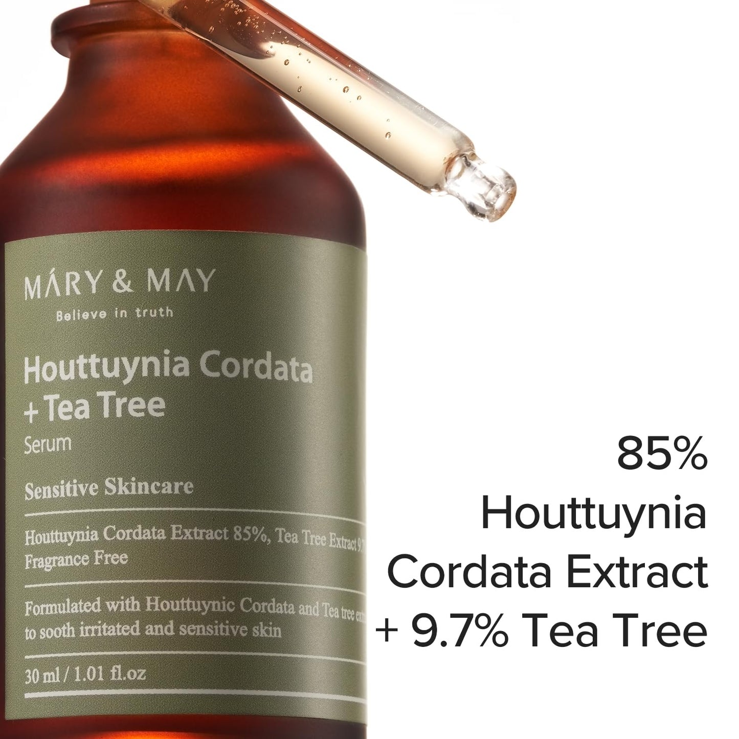 MARY & MAY Houttuynia Cordata + Tea Tree Serum calms and balances acne-prone skin with soothing Houttuynia and Tea Tree extracts. Perfect for oily and sensitive skin.