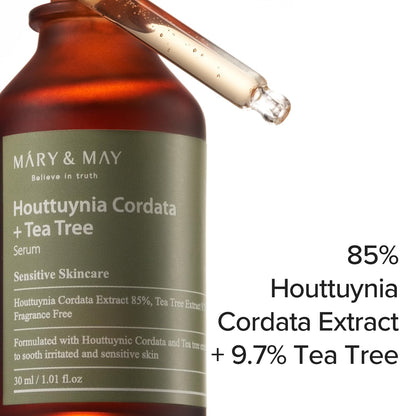 MARY & MAY Houttuynia Cordata + Tea Tree Serum calms and balances acne-prone skin with soothing Houttuynia and Tea Tree extracts. Perfect for oily and sensitive skin.