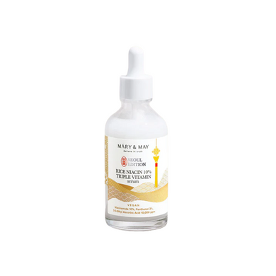 MARY&MAY Rice Niacin 10% Triple Vitamin Serum Seoul Edition is a brightening and hydrating serum infused with 10% Niacinamide, Rice Extract, and Triple Vitamins (Vitamin B, C, and E). This potent formula helps even out skin tone, improve texture, and restore radiance while maintaining hydration. Packed with soothing ingredients like Panthenol and Bisabolol, it supports a healthy skin barrier, leaving your complexion luminous and refreshed. Perfect for dull or uneven skin.