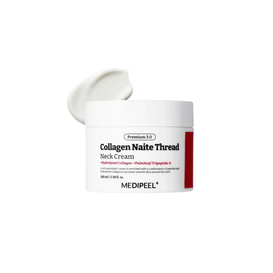 MEDIPEEL Premium Collagen Naite Thread Neck Cream 3.0 is a firming neck cream designed to improve elasticity and smooth the appearance of fine lines. Formulated with Hydrolyzed Collagen, Peptides, and Ceramide NP, it helps nourish delicate neck skin while supporting moisture retention. The rich yet comfortable texture absorbs well, leaving the neck area feeling smooth, firm, and hydrated.