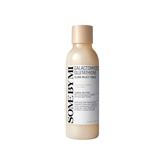 SOME BY MI Galactomyces Glutathione Glow Milky Toner is a brightening, hydrating toner with a soft milky texture that leaves the skin smooth and radiant. Formulated with 86.24% Galactomyces Ferment Filtrate, Niacinamide, and Glutathione, it helps visibly improve dullness, even out skin tone, and boost luminosity. Enriched with Ceramide NP, Hydrolyzed Hyaluronic Acid, and soothing botanical extracts, this toner strengthens the skin barrier while delivering deep moisture. Perfect for daily use to achieve a he