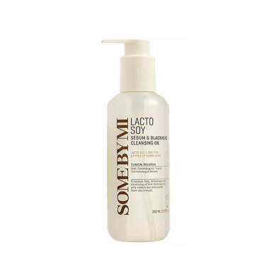 SOME BY MI Lacto Soy Sebum & Blackhead Cleansing Oil is a deep-cleansing oil designed to effectively remove sebum and blackheads while nourishing the skin. Formulated with  Lacto Soy (Lactobacillus/Soymilk Ferment Filtrate), Jojoba Seed Oil, and Coconut Oil, it helps dissolve impurities and excess oil, leaving your skin clean, smooth, and radiant. The brand’s patented Anti-Sebum P technology effectively removes excess oil while raising skin moisture levels for a balanced complexion.