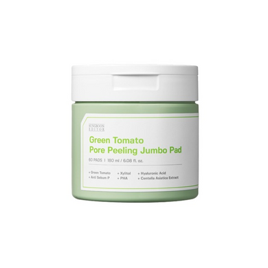 SUNGBOON EDITOR Green Tomato Pore Peeling Jumbo Pad is a gentle exfoliating pad that smooths and refreshes the skin. Infused with Green Tomato Extract and Gluconolactone (PHA), it removes dead skin cells while hydrating with multiple forms of Hyaluronic Acid. Ideal for refining pores and improving texture without irritation.