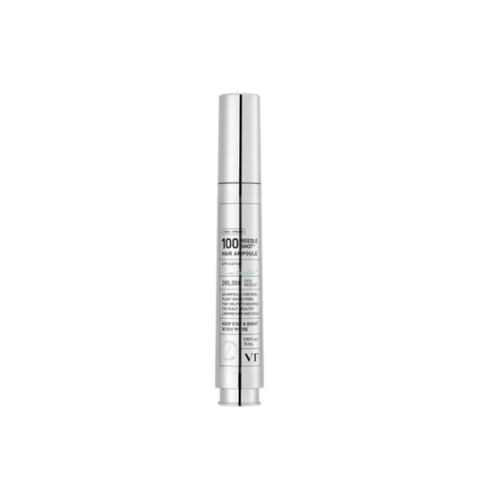 VT PDRN Reedle Shot Hair Ampoule 100dL is a concentrated scalp treatment designed to support healthier, fuller-looking hair. Formulated with CICA REEDLE® and plant-based PHYTO PDRN® from Ginseng Root, it helps soothe the scalp while revitalizing and nourishing hair.&nbsp;Enriched with Caffeine, peptides, and botanical extracts, it helps improve hair density, stimulate the scalp, and promote healthier growth. With added hydrating and barrier-supporting ingredients, it leaves the scalp balanced and refreshed.