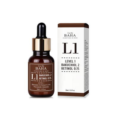 COS DE BAHA (L1) Bakuchiol 2% + Retinol 0.15% Serum is a gentle yet effective anti-aging serum suitable for most skin types. It combines Bakuchiol, a natural retinol alternative, with 0.15% Retinol to reduce fine lines, improve skin elasticity, and promote smoother skin texture. Enriched with Niacinamide for brightening, Panthenol for hydration, and Vitamin E for antioxidant protection, this serum supports a youthful, radiant complexion. Soothing extracts like Aloe Vera, Lavender, and Green Tea help calm an