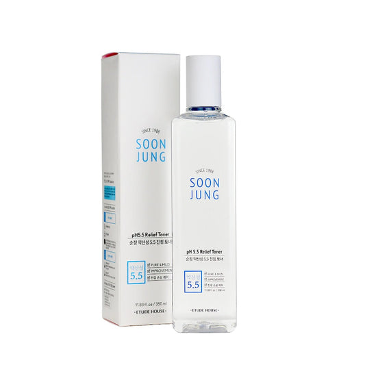 ETUDE HOUSE Soon Jung pH 5.5 Relief Toner is a gentle, low-acid toner designed to balance and calm sensitive skin. Infused with Panthenol and Madecassoside, it helps strengthen the skin barrier, soothe irritation, and provide lasting hydration. Enriched with Green Tea and Vitamin E, this lightweight formula refreshes and nourishes the skin, leaving it soft, smooth, and comfortably balanced.