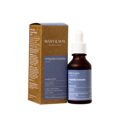MARY & MAY 6 Peptide Complex Serum is a revitalizing serum that targets signs of aging with a blend of six peptides, including Copper Tripeptide-1 and Palmitoyl Pentapeptide-4, to promote firm, youthful-looking skin. It hydrates and supports the skin barrier with Glycerin and Butylene Glycol, while Adenosine helps smooth fine lines and wrinkles. This lightweight formula absorbs quickly, leaving the skin feeling nourished and rejuvenated. Ideal for those looking to enhance skin elasticity and reduce the appe