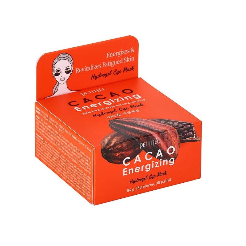 PETITFEE Cacao Energizing Hydrogel Eye Mask refreshes and revitalizes tired under-eyes with a nourishing blend of Cacao Extract and Niacinamide. The hydrogel texture delivers cooling hydration, helping to reduce puffiness and brighten dull skin. Infused with Shea Butter, Cocoa Seed Butter, and botanical extracts like Green Tea, Houttuynia Cordata, and Citrus Junos, it deeply moisturizes while promoting a smoother, firmer look. These patches leave the delicate eye area feeling soft, energized, and radiant.