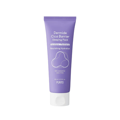 PURITO Dermide Cica Barrier Sleeping Pack is an overnight treatment designed to repair and strengthen the skin barrier while you sleep. Formulated with soothing Centella Asiatica Extract and hydrating ingredients like Squalane, Jojoba Oil, and Ceramides, it provides deep moisture and promotes skin recovery. Enriched with Panthenol and Hyaluronic Acid, this sleeping pack locks in hydration, leaving your skin soft, smooth, and revitalized by morning. Perfect for sensitive or dry skin, it helps restore balance