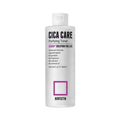 ROVECTIN Cica Care Purifying Toner soothes and revitalizes sensitive skin while helping to maintain hydration and balance. Enriched with Centella Asiatica Extract and Madecassoside, it calms irritation and promotes a healthier skin barrier. Infused with Houttuynia Cordata Extract and Jasmine Flower Extract, this toner purifies and refreshes the skin, leaving it soft and prepared for the next steps in your skincare routine. Ideal for sensitive and troubled skin types.